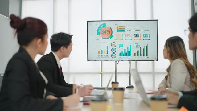 Young asian businesspeople group watching interactive TV shows company growth statistics and analysis