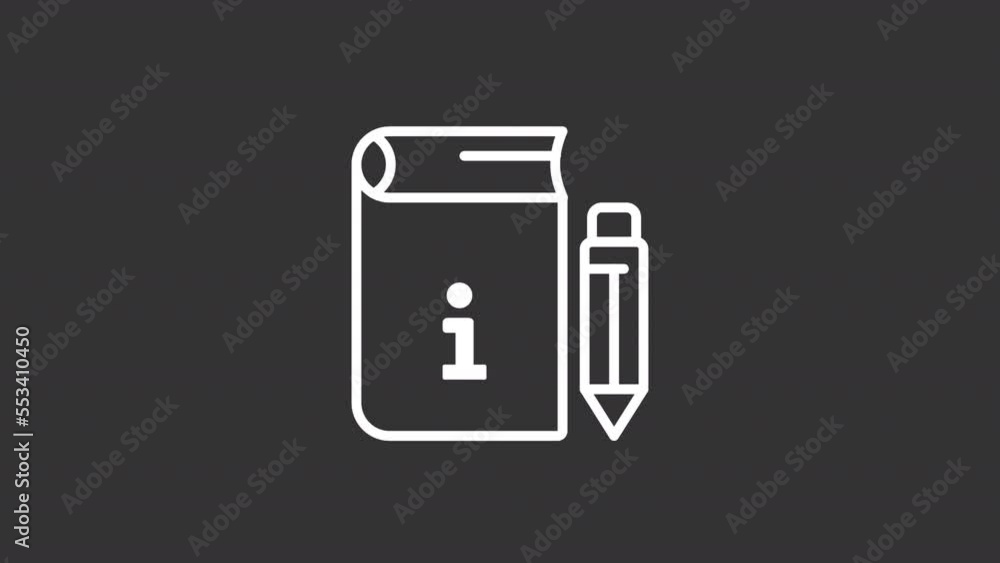 Poster animated schoolbook white line icon. essential knowledge. education. increase intelligence. seamless