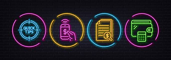 Tips, Phone payment and Financial documents minimal line icons. Neon laser 3d lights. Wallet icons. For web, application, printing. Quick tricks, Mobile pay, Check docs. Money budget. Vector