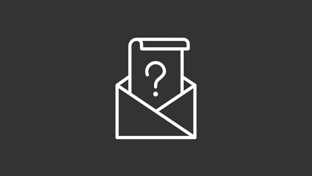 Animated mail survey white line icon. Letter in envelope with question mark. Questionnaire. Seamless loop HD video with alpha channel on transparent background. Motion graphic design for night mode