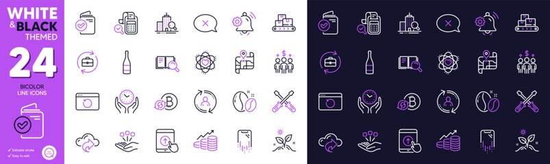 Screwdriverl, Map and Consolidation line icons for website, printing. Collection of Bill accounting, Reject, Refresh bitcoin icons. Meeting, Safe time, Swipe up web elements. Vector