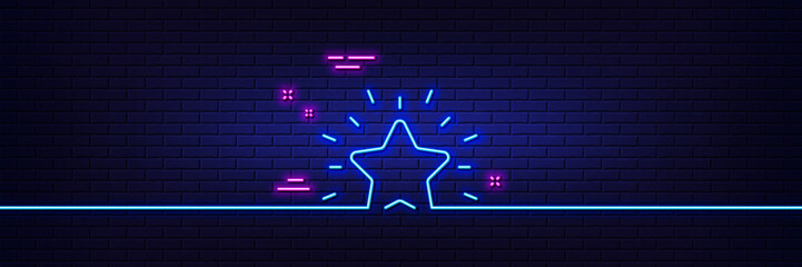 Neon light glow effect. Rank star line icon. Success reward symbol. Best result sign. 3d line neon glow icon. Brick wall banner. Rank star outline. Vector