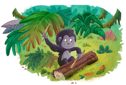 Illustration of baby gorilla playing in the jungle