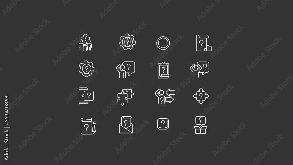 Poster animated question white line icons. communication. decision making. solve problems. seamless loop hd