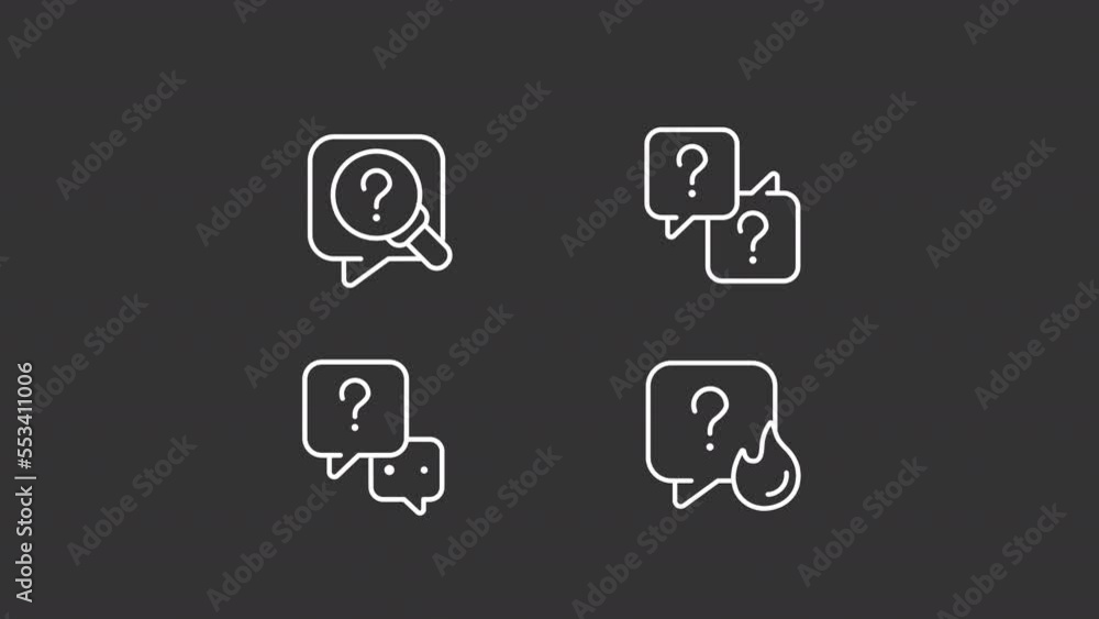 Poster animated inquiry white line icons. speech bubbles with question mark. communication. seamless loop h
