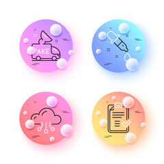 Fake news, Chemistry pipette and Cloud computing minimal line icons. 3d spheres or balls buttons. Approved checklist icons. For web, application, printing. Vector