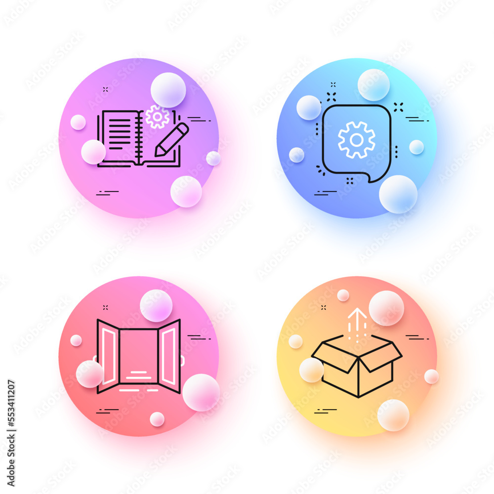 Poster cogwheel, engineering documentation and open door minimal line icons. 3d spheres or balls buttons. s