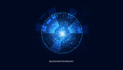 Digital abstract and digital circuit, circle, hi-tech, blockchain, technology, cryptocurrency, decentralized on blue background, modern, futuristic.