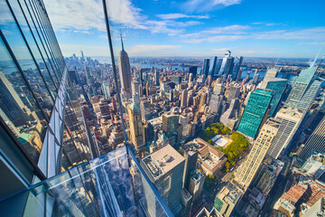 Glass floor high up over nothing in New York City looking out at city