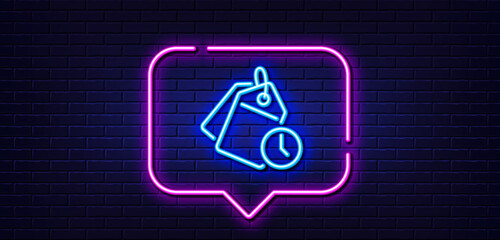 Neon light speech bubble. Time management line icon. Clock tags sign. Watch symbol. Neon light background. Time management glow line. Brick wall banner. Vector