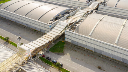 Aerial view of the Fiera di Roma, the trade fair facility in Rome. The sheds are empty and there is nobody in the warehouses.