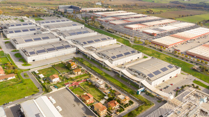 Aerial view of the Fiera di Roma, the trade fair facility in Rome. The sheds are empty and there is nobody in the warehouses.
