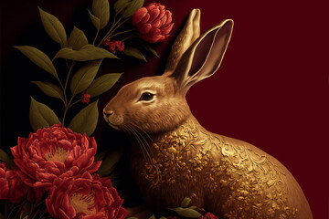 Chinese new year 2023 year of the rabbit. Gold bunny rabbit with red background. Generative ai