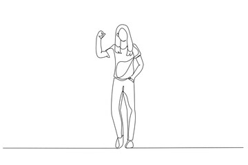 Drawing of Young Businesswoman Raising Keys and Standing. Continuous line art