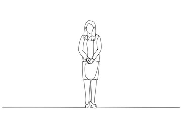 Illustration of businesswoman standing in full body happy at camera. Single continuous line art