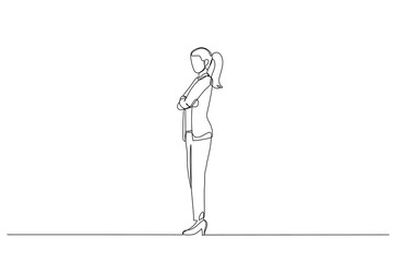 Drawing of full length side view of a confident businesswoman standing with folded hands. Continuous line art style