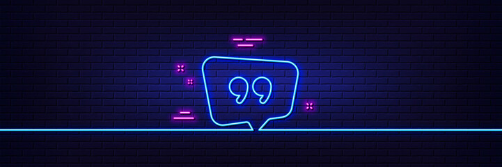 Neon light glow effect. Quote bubble line icon. Chat comment sign. Speech bubble symbol. 3d line neon glow icon. Brick wall banner. Quote bubble outline. Vector © blankstock