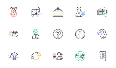 Time management, User communication and Destination flag line icons for website, printing. Collection of Timer, Best rank, Support icons. Speedometer, Targeting, Question mark web elements. Vector