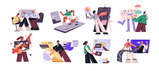 Online education, e-learning concept. Students studying at virtual courses, remote schools via internet. Digital tutorials, video webinars. Flat vector illustrations isolated on white background