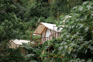 A glamping tent surrounded by forest mountains in Bali, Indonesia