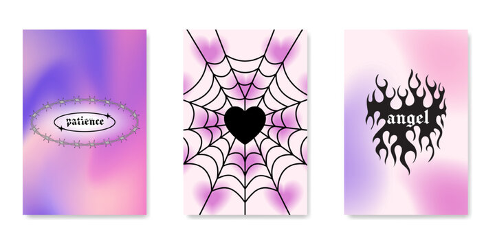 y2k gothic flame tattoo stickers. Retro psychedelic love art. Vector illustration of hand drawn elements, barbed wire, fire, butterfly, heart. Aesthetic nostalgic 2000s goth girly backgrounds.