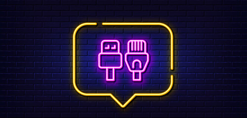 Neon light speech bubble. Computer cables line icon. Usb, rj45 connection wires. Neon light background. Computer cables glow line. Brick wall banner. Vector