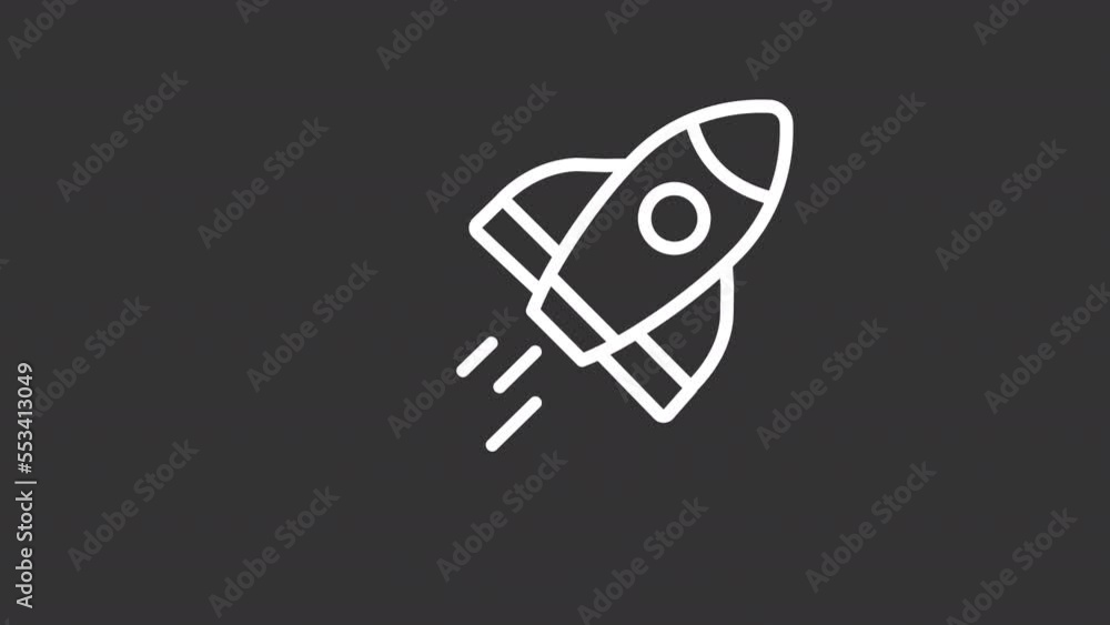 Poster animated rocket white line icon. launch spacecraft into cosmos. space shuttle. startup. seamless loo