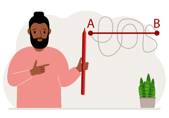 A man with a red pencil in his hand. A line is drawn from point A to point B, a straight and difficult path, the shortest distance to the goal, an easy or short path to success in business and life.