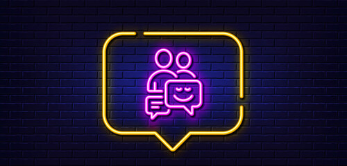 Neon light speech bubble. Group of Men line icon. Human communication symbol. Teamwork sign. Neon light background. Communication glow line. Brick wall banner. Vector