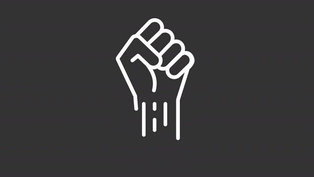 Animated fist white line icon. Symbol of protest and resistance. Political solidarity. Seamless loop HD video with alpha channel on transparent background. Motion graphic design for night mode