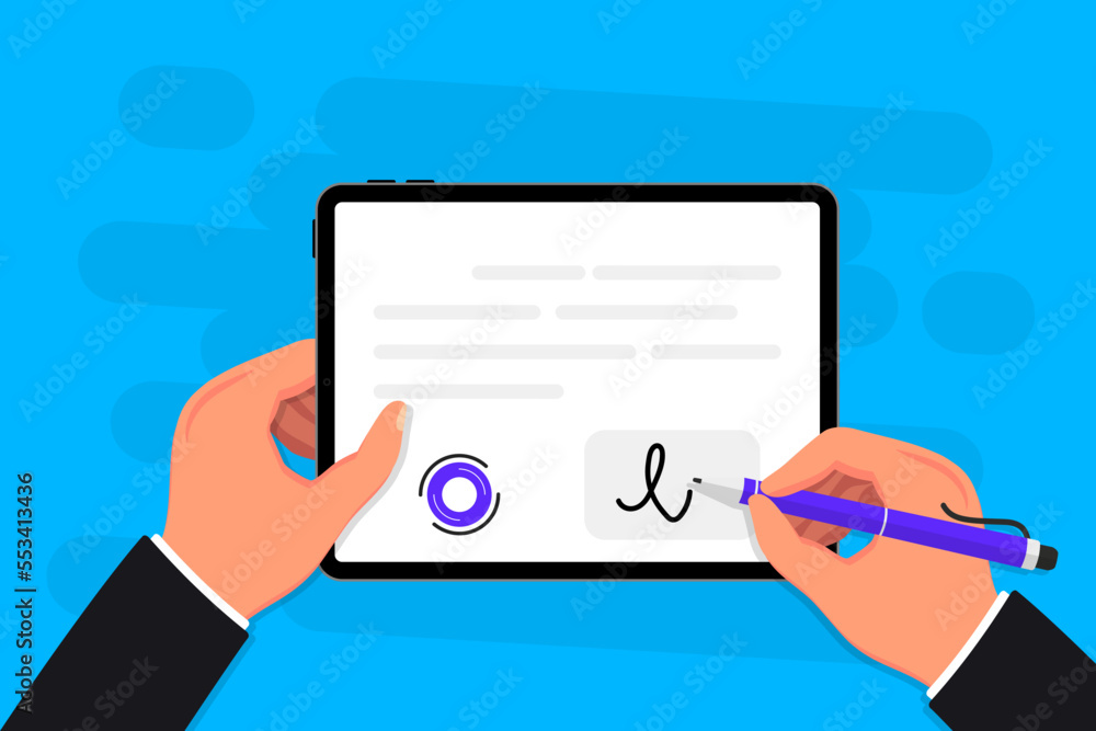 Poster businessman signing contract with digital pen on tablet. electronic signature concept. digital signa
