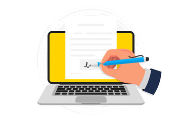 Signing an online document in the computer. Electronic signature concept. Digital signature, electronic contract, e-signature. Vector illustration in flat design for business, web banner, mobile app