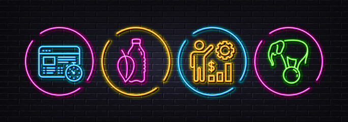 Employees wealth, Web timer and Water bottle minimal line icons. Neon laser 3d lights. Elephant on ball icons. For web, application, printing. Results chart, Online test, Mint leaf drink. Vector