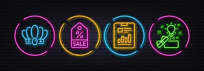 Sale coupon, Crown and Report document minimal line icons. Neon laser 3d lights. Creative idea icons. For web, application, printing. Discount tag, Monarchy king, Page with charts. Present box. Vector