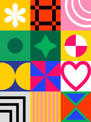Neo Geo Pattern. Abstract Geometric Background. Neo Geo Seamless Pattern Design. Maximalism style. Abstract Pattern Trendy with Square and Round Colored. 