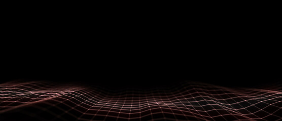 Gold wave of particles and lines. Big data visualization. Abstract background with a dynamic wave. 3d rendering.