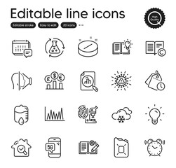Set of Science outline icons. Contains icons as Face id, Currency rate and Fingerprint research elements. Coronavirus, Message, Chemistry experiment web signs. Drop counter. Vector