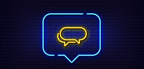 Neon light speech bubble. Messenger line icon. Speech bubble sign. Chat message symbol. Neon light background. Messenger glow line. Brick wall banner. Vector