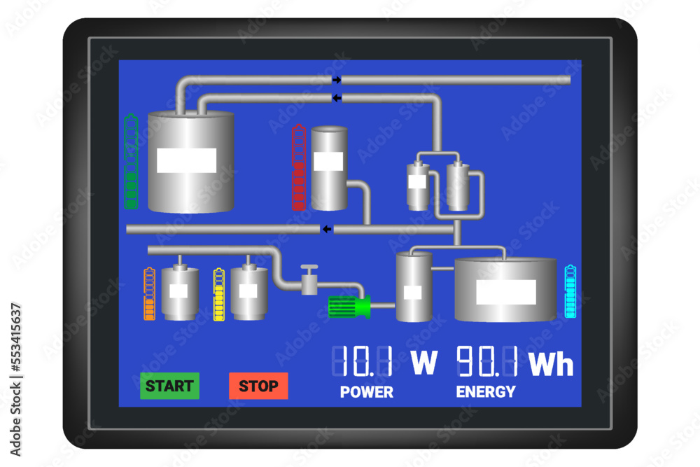 Poster visualization of the production process on the control panel. vector graphics
