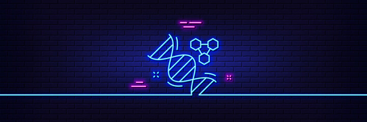 Neon light glow effect. Chemistry dna line icon. Laboratory analysis sign. Chemical formula symbol. 3d line neon glow icon. Brick wall banner. Chemistry dna outline. Vector