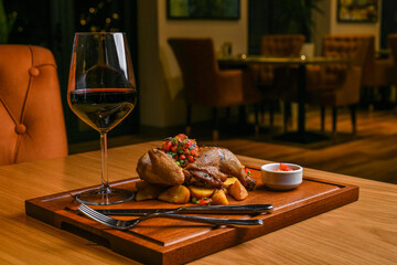 roast duck with vegetables and spices on a wooden table