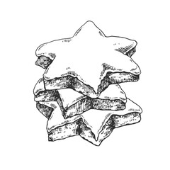 Hand drawn vector Zimtsterne illustration. Traditional Germany Christmas star cookies with almond and sugar. Sweet holiday dessert template for menu, ad, label design