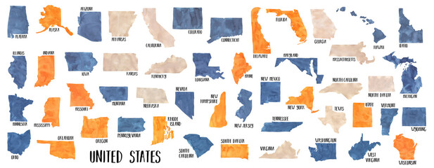 Watercolour set of 50 USA States with text signs in navy blue, bright orange and natural beige. Hand painted water color with creative brush strokes, isolated colorful clip art elements for design. - 553416836