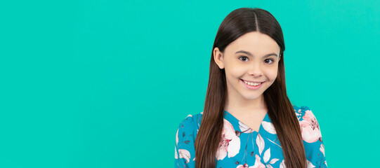 All the taste of being a girl. Happy girl child smile blue background. Child face, horizontal...