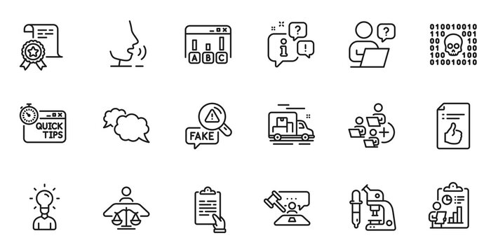Outline set of Report, Microscope and Quick tips line icons for web application. Talk, information, delivery truck outline icon. Include Education, Judge hammer, Certificate icons. Vector