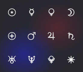 Solar system zodiac horoscope astrological thin line label linear design esoteric stylized elements symbols signs. Vector illustration icons