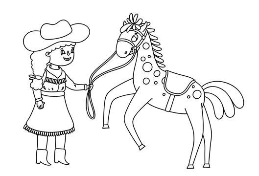 Cowgirl with the horse. Vector cartoon outline children illustration. Coloring page for kids cowboy party.