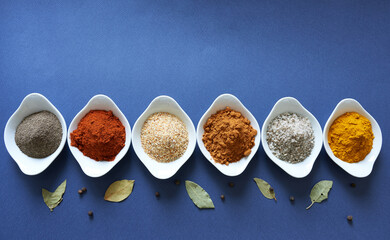 Spices close-up on blue background with blank space for text.