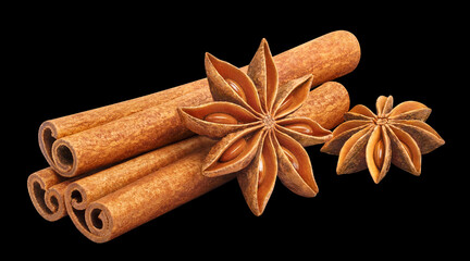 Delicious cinnamon and star anise, isolated on black background