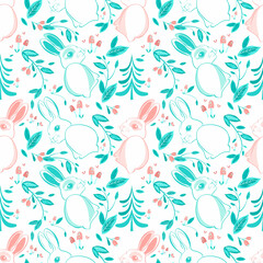 Obraz na płótnie Canvas Seamless pattern with cute colorful rabbit on the background of trees and leaves . Perfect for kids apparel,fabric, textile, nursery decoration,wrapping paper